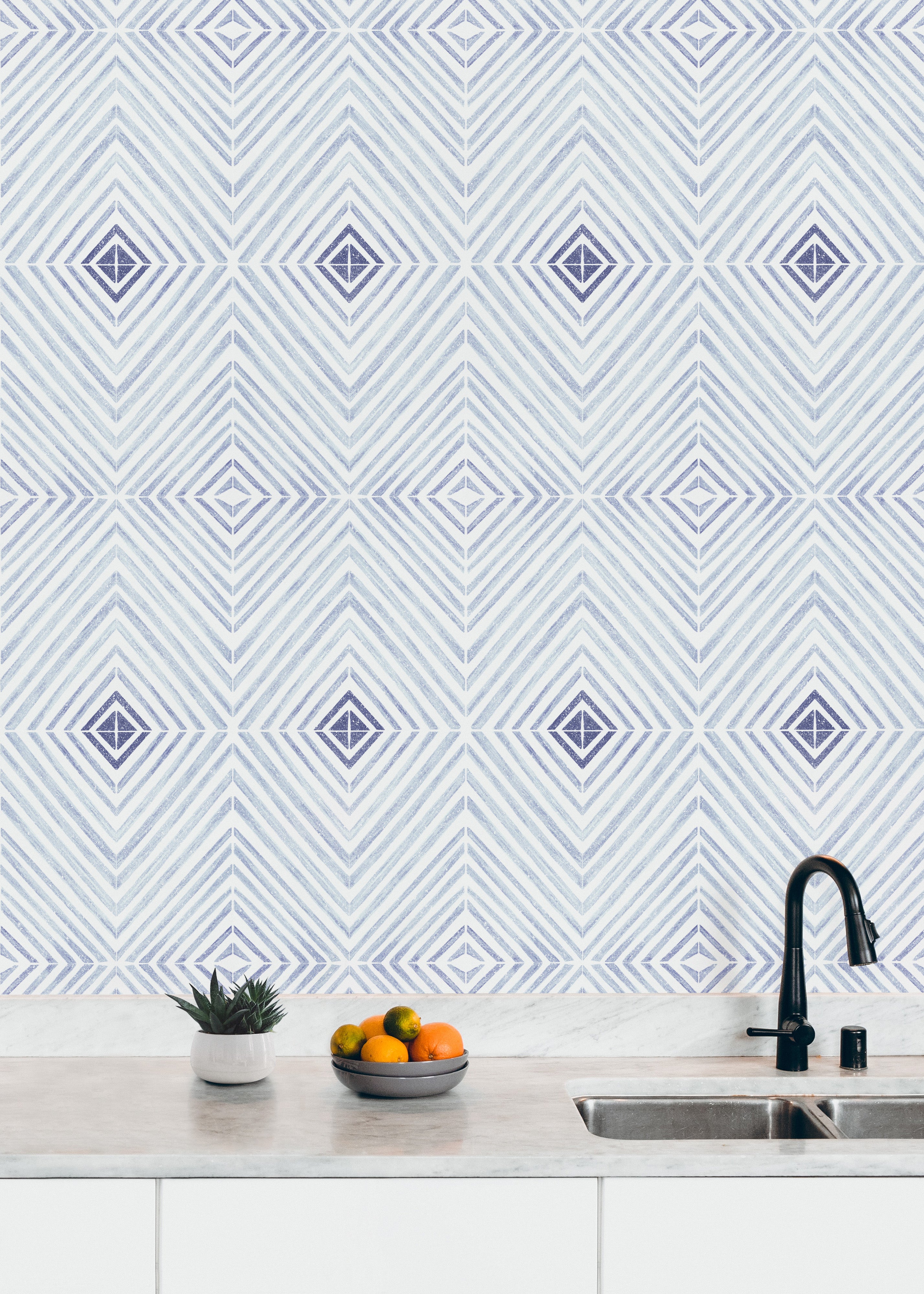 Indigo Denim Geometric Tile peel and stick wallpaper pattern detail